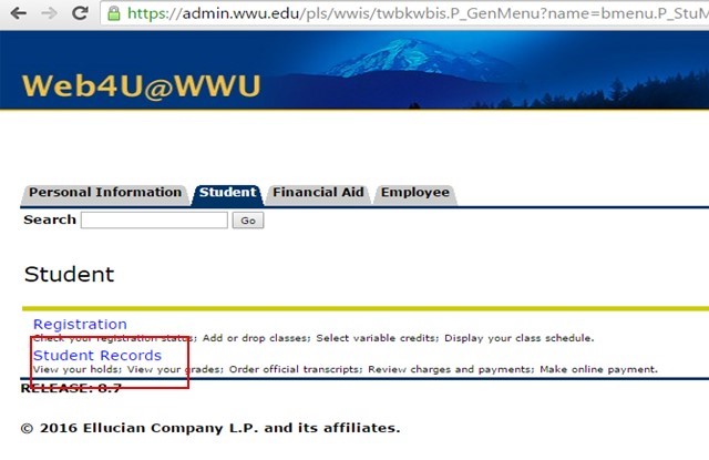Screenshot in Web4u, the student tab is active and the Student Records link is circled.