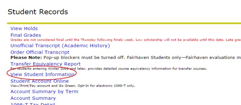 Screenshot in Web4u of student records page, with View Student Information link circled