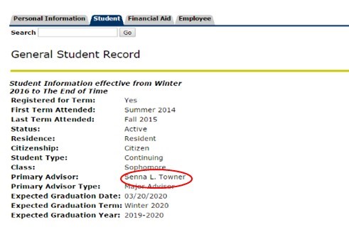 Screenshot in Web4u, in the General Student Record the line for Primary Advisor is circled