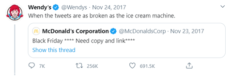 Screenshot of Twitter exchange between Wendy's and McDonalds