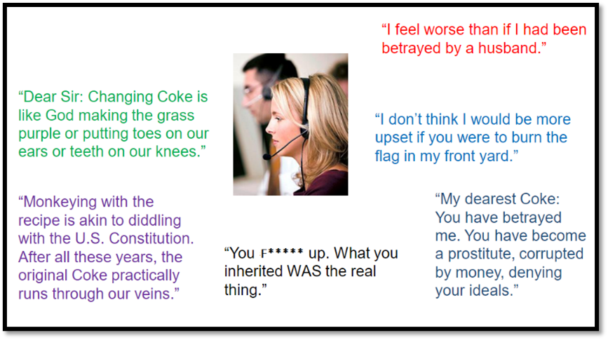 A series of text blurbs around a person with a headset, "Dir Sir: changing coke is like God making the grass purple or putting toes on our ears or teeth on our knees." "Monkey with the recipe is akin to diddling with the U.S. Constitution. After all these years, the original Coke practically runs through our veins." "I feel worse than if I had been betrayed by a husband." "I don't think I would be more upset if you were to burn the flag in my front yard." "My dearest Coke: You have betrayed me."