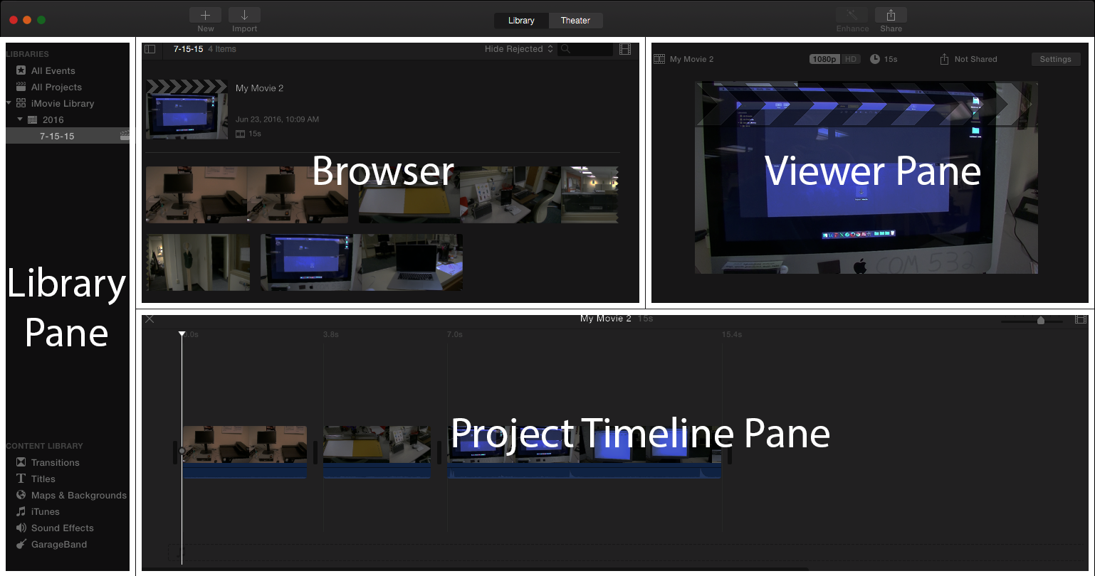 iMove screenshot, with Library Pane, Browser, Viewer Pane, and Project Timeline Pane labelled