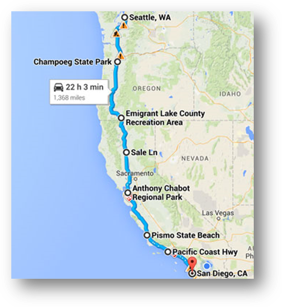Google Maps directions from Seattle, WA to San Diego, CA.