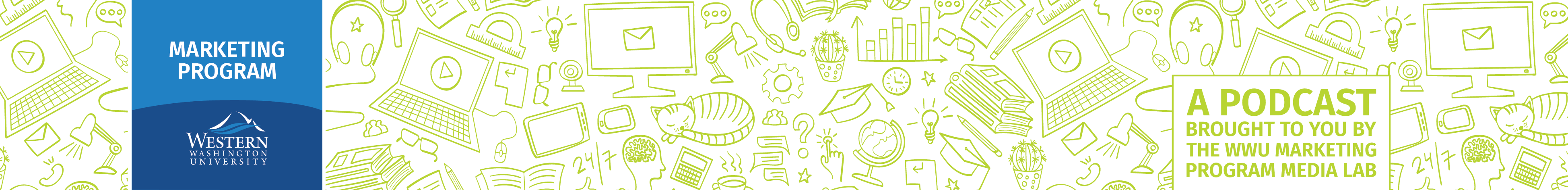 podcast header banner with green squiggly drawings and logo