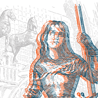 line drawing of woman knight with horse statue in background