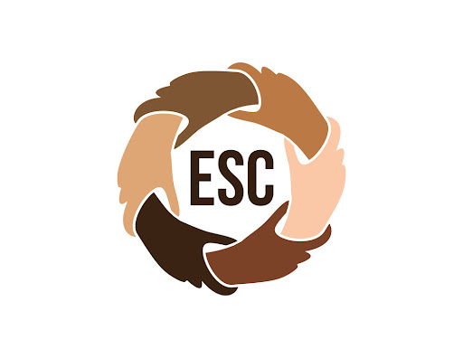 Different colored hands holding each other with the letters ESC in the center