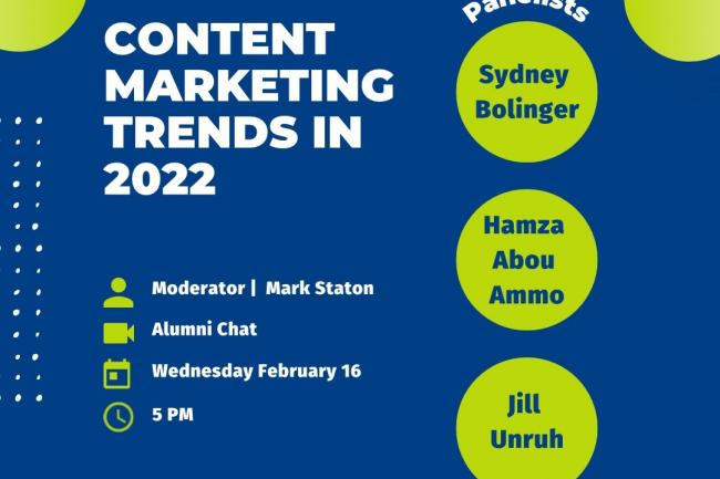 text image titled Content Marketing Trends in 2022 in white text on blue background
