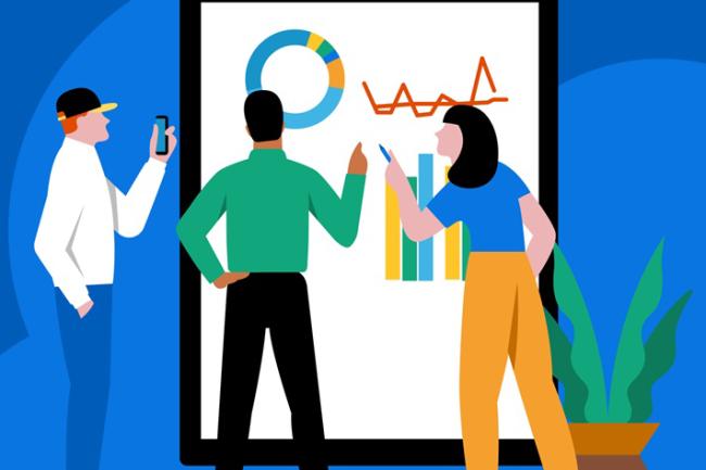 Animated people pointing at graphs