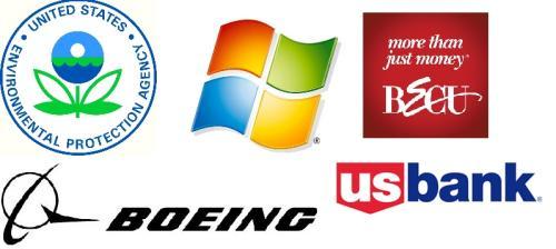 Logos for the EPA, Boeing, Windows, USbank, and BECU