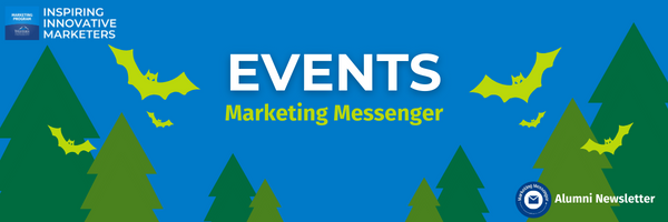 A blue banner with the words "Inspiring Innovative Marketers" (top left), 'Events Marketing Messenger' (centered), and 'Alumni Newsletter' (bottom right) in white text. With green trees and neon green bat graphics scattered throughout. 