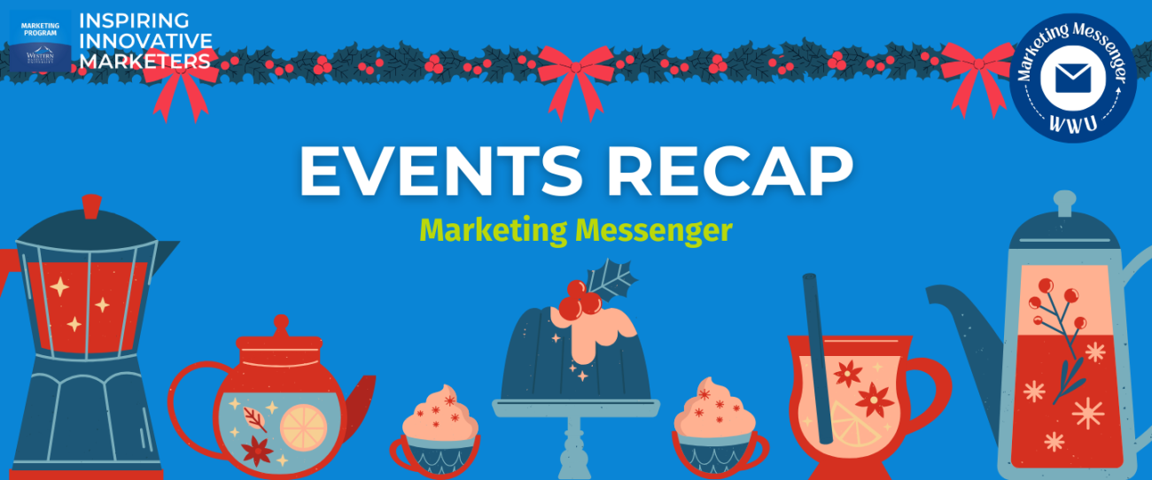 Blue banner with festive decorations. Text reads," Events Recap Marketing Messenger"