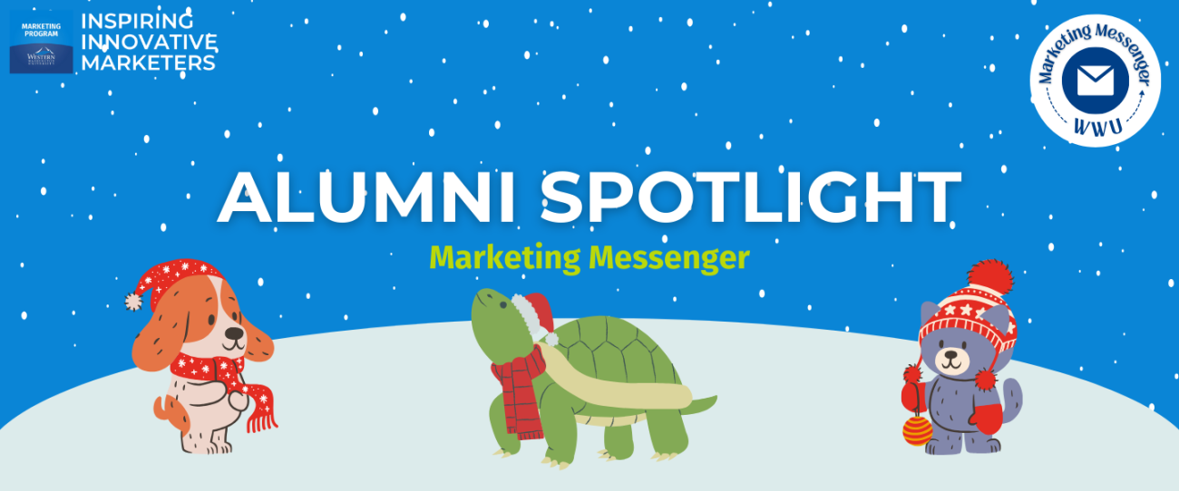 Graphic with blue background and winter animals. Text reads," Alumni Spotlight Marketing Messenger"