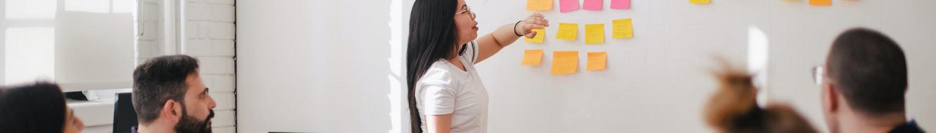 woman presenting to a group with sticky notes