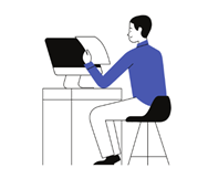 Line art drawing of a person sitting at a computer desk holding a piece of paper