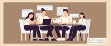 drawing of four people sitting around a table having a meeting