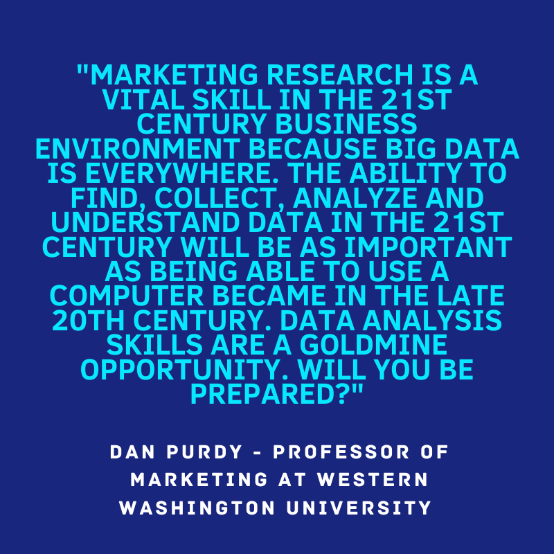 "Marketing research is a vital skill in the 21st century business environment because big data is everywhere. The ability to find, correct, analyze, and understand data in the 21st century will be as important as being able to use a computer became in the late 20th century. Data analysis skills are a goldmine opportunity. Will you be prepared?" Dan Purdy - Professor of Marketing at Western