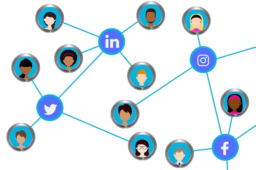 A diagram showing people linked together by social networking apps such as LinkedIn and Instrgram.